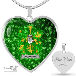 ScotsTee Shop Irish Connor or O Connor Kerry Coat of Arms Crest Ireland Shamrock Heart Necklace