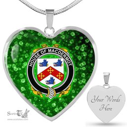 ScotsTee Shop Irish House of MACDERMOT Coat of Arms Crest Ireland Shamrock Heart Necklace