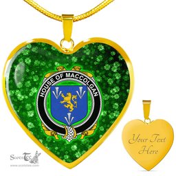 ScotsTee Shop Irish House of MACCOLGAN Coat of Arms Crest Ireland Shamrock Heart Necklace