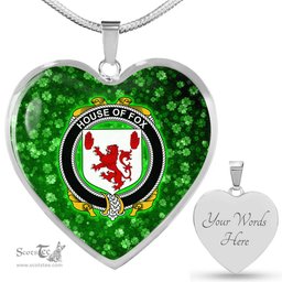 ScotsTee Shop Irish House of FOX Coat of Arms Crest Ireland Shamrock Heart Necklace