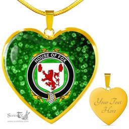 ScotsTee Shop Irish House of FOX Coat of Arms Crest Ireland Shamrock Heart Necklace