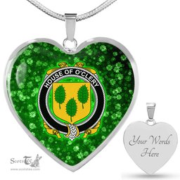 ScotsTee Shop Irish House of O CLERY Coat of Arms Crest Ireland Shamrock Heart Necklace