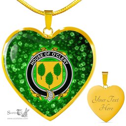 ScotsTee Shop Irish House of O CLERY Coat of Arms Crest Ireland Shamrock Heart Necklace