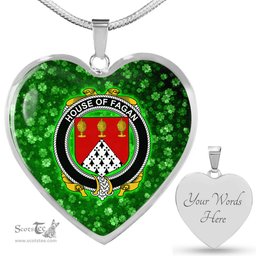 ScotsTee Shop Irish House of FAGAN Coat of Arms Crest Ireland Shamrock Heart Necklace