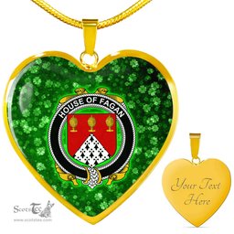 ScotsTee Shop Irish House of FAGAN Coat of Arms Crest Ireland Shamrock Heart Necklace