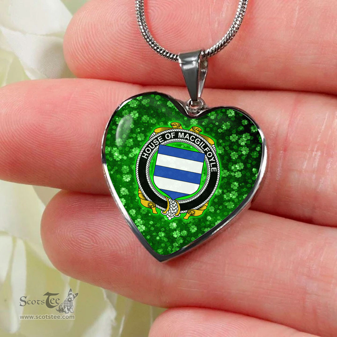 ScotsTee Shop Irish House of MACGILFOYLE Coat of Arms Crest Ireland Shamrock Heart Necklace