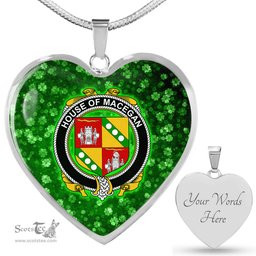 ScotsTee Shop Irish House of MACEGAN Coat of Arms Crest Ireland Shamrock Heart Necklace