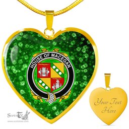 ScotsTee Shop Irish House of MACEGAN Coat of Arms Crest Ireland Shamrock Heart Necklace