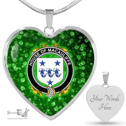 ScotsTee Shop Irish House of MACAULIFFE Coat of Arms Crest Ireland Shamrock Heart Necklace