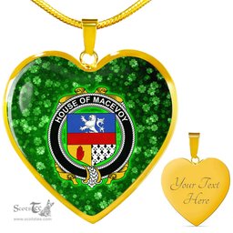 ScotsTee Shop Irish House of MACEVOY Coat of Arms Crest Ireland Shamrock Heart Necklace