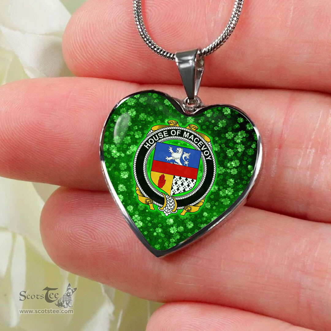 ScotsTee Shop Irish House of MACEVOY Coat of Arms Crest Ireland Shamrock Heart Necklace