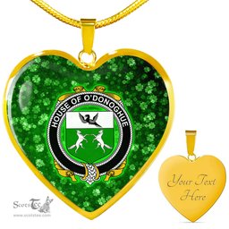 ScotsTee Shop Irish House of O DONOGHUE Coat of Arms Crest Ireland Shamrock Heart Necklace