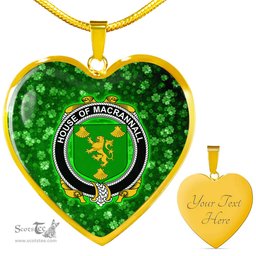 ScotsTee Shop Irish House of MACRANNALL REYNOLDS Coat of Arms Crest Ireland Shamrock Heart Necklace