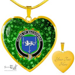 ScotsTee Shop Irish House of MACGORMAN Coat of Arms Crest Ireland Shamrock Heart Necklace