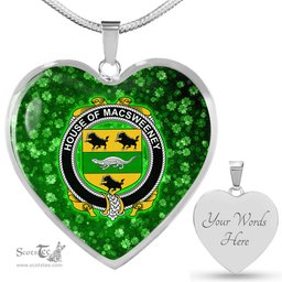 ScotsTee Shop Irish House of MACSWEENEY Coat of Arms Crest Ireland Shamrock Heart Necklace