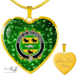 ScotsTee Shop Irish House of MACSWEENEY Coat of Arms Crest Ireland Shamrock Heart Necklace