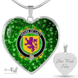 ScotsTee Shop Irish House of LACY Coat of Arms Crest Ireland Shamrock Heart Necklace