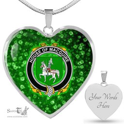 ScotsTee Shop Irish House of MACGUIRE Coat of Arms Crest Ireland Shamrock Heart Necklace