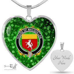 ScotsTee Shop Irish House of MACQUILLAN Coat of Arms Crest Ireland Shamrock Heart Necklace