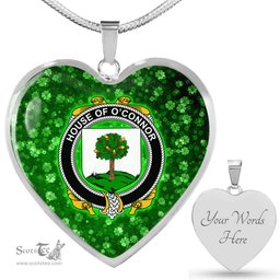 ScotsTee Shop Irish House of O CONNOR Faly Coat of Arms Crest Ireland Shamrock Heart Necklace