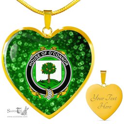 ScotsTee Shop Irish House of O CONNOR Faly Coat of Arms Crest Ireland Shamrock Heart Necklace