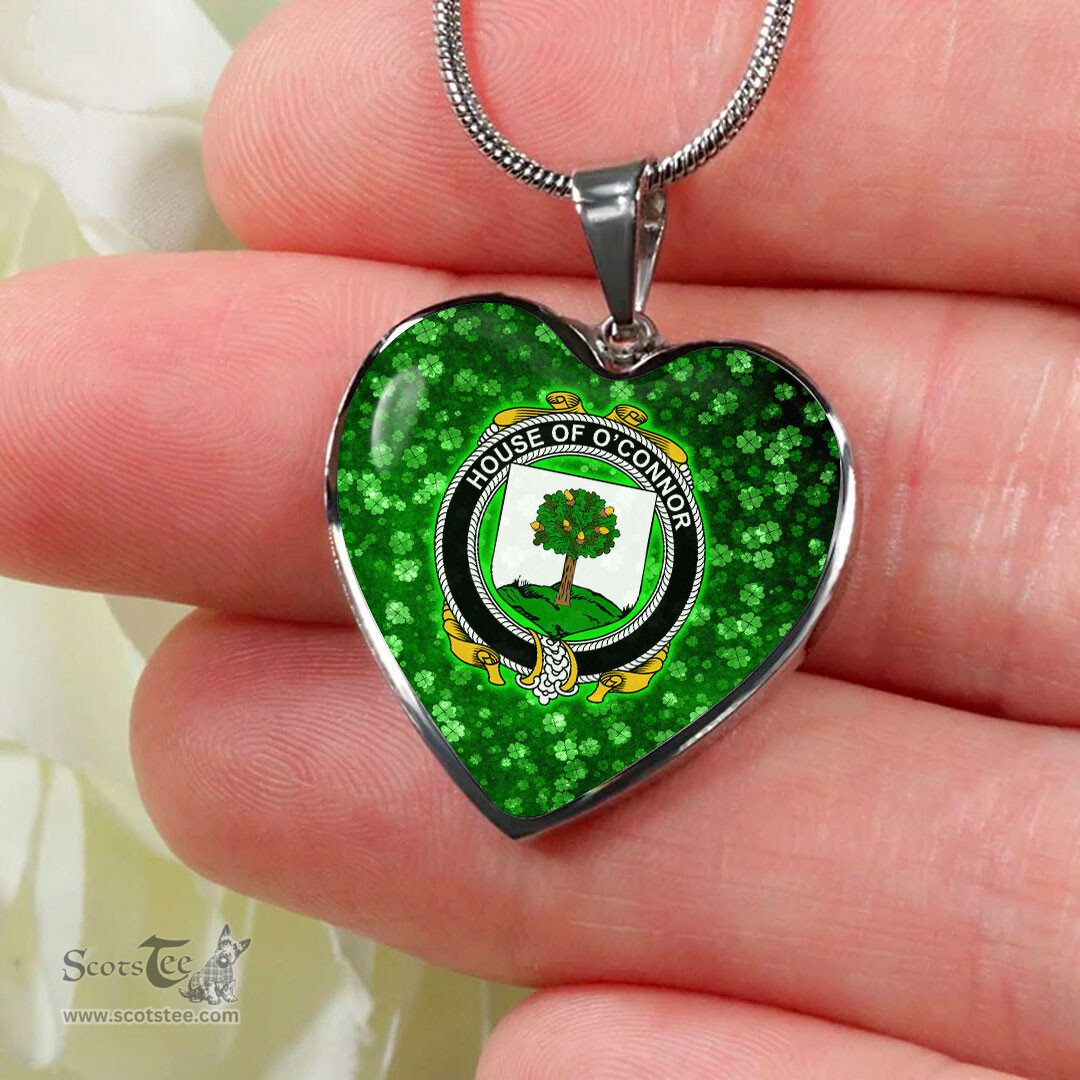 ScotsTee Shop Irish House of O CONNOR Faly Coat of Arms Crest Ireland Shamrock Heart Necklace