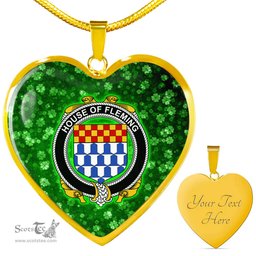 ScotsTee Shop Irish House of FLEMING Coat of Arms Crest Ireland Shamrock Heart Necklace
