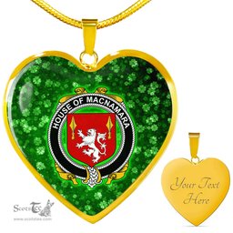 ScotsTee Shop Irish House of MACNAMARA Coat of Arms Crest Ireland Shamrock Heart Necklace