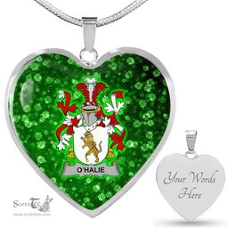 ScotsTee Shop Irish Halie or O Halie Coat of Arms Crest Ireland Shamrock Heart Necklace