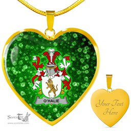 ScotsTee Shop Irish Halie or O Halie Coat of Arms Crest Ireland Shamrock Heart Necklace