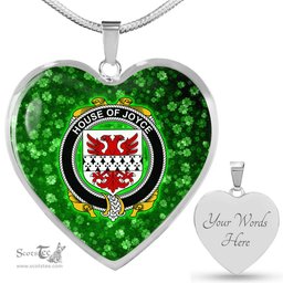 ScotsTee Shop Irish House of JOYCE Coat of Arms Crest Ireland Shamrock Heart Necklace