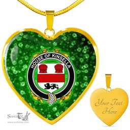 ScotsTee Shop Irish House of KINSELLA Coat of Arms Crest Ireland Shamrock Heart Necklace