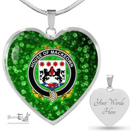 ScotsTee Shop Irish House of MACKEOWN Coat of Arms Crest Ireland Shamrock Heart Necklace