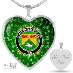 ScotsTee Shop Irish House of MACDONOGH Connacht Coat of Arms Crest Ireland Shamrock Heart Necklace