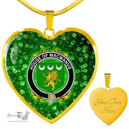 ScotsTee Shop Irish House of MACMANUS Coat of Arms Crest Ireland Shamrock Heart Necklace