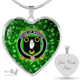 ScotsTee Shop Irish House of MANGAN Coat of Arms Crest Ireland Shamrock Heart Necklace