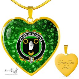 ScotsTee Shop Irish House of MANGAN Coat of Arms Crest Ireland Shamrock Heart Necklace