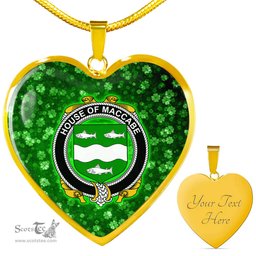 ScotsTee Shop Irish House of MACCABE Coat of Arms Crest Ireland Shamrock Heart Necklace