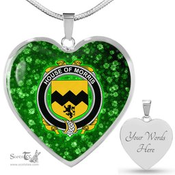 ScotsTee Shop Irish House of MORRIS Coat of Arms Crest Ireland Shamrock Heart Necklace