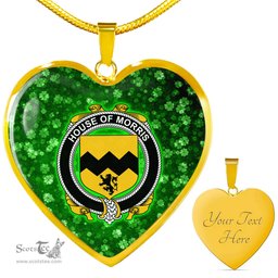 ScotsTee Shop Irish House of MORRIS Coat of Arms Crest Ireland Shamrock Heart Necklace