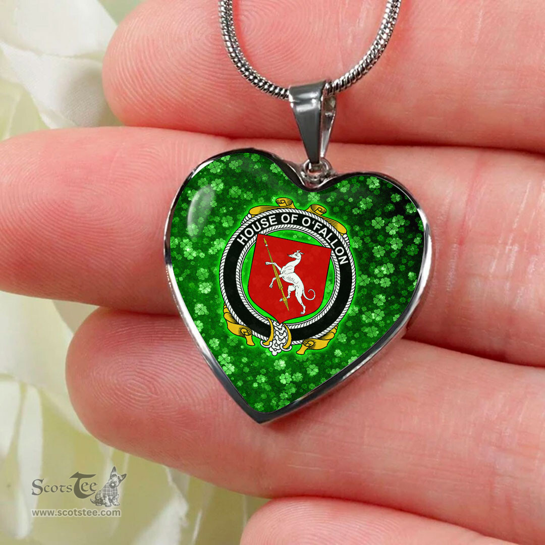 ScotsTee Shop Irish House of O FALLON Coat of Arms Crest Ireland Shamrock Heart Necklace