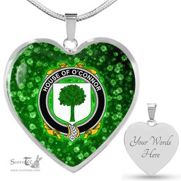 ScotsTee Shop Irish House of O CONNOR Don Coat of Arms Crest Ireland Shamrock Heart Necklace