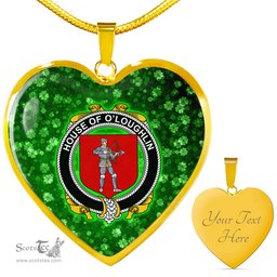 ScotsTee Shop Irish House of O LOUGHLIN Coat of Arms Crest Ireland Shamrock Heart Necklace