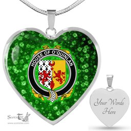 ScotsTee Shop Irish House of O QUINLAN Coat of Arms Crest Ireland Shamrock Heart Necklace