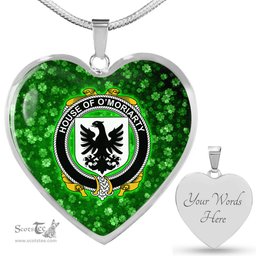 ScotsTee Shop Irish House of O MORIARTY Coat of Arms Crest Ireland Shamrock Heart Necklace