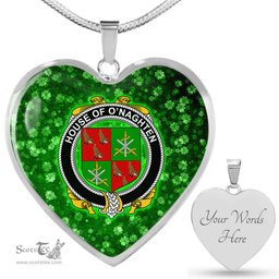 ScotsTee Shop Irish House of O NAGHTEN Coat of Arms Crest Ireland Shamrock Heart Necklace