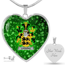 ScotsTee Shop Irish O Rourke Coat of Arms Crest Ireland Shamrock Heart Necklace