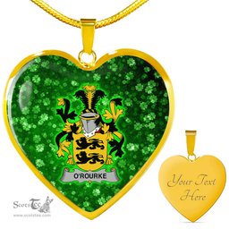 ScotsTee Shop Irish O Rourke Coat of Arms Crest Ireland Shamrock Heart Necklace