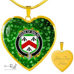 ScotsTee Shop Irish House of WALSH Coat of Arms Crest Ireland Shamrock Heart Necklace