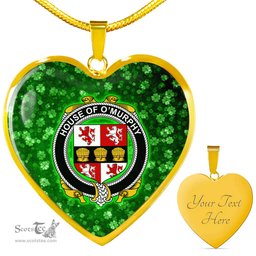ScotsTee Shop Irish House of O MURPHY Muskerry Coat of Arms Crest Ireland Shamrock Heart Necklace
